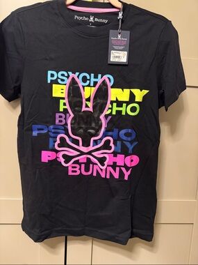Psycho Bunny Black Tee with Neon Pink, Blue, Yellow and Green Graphics